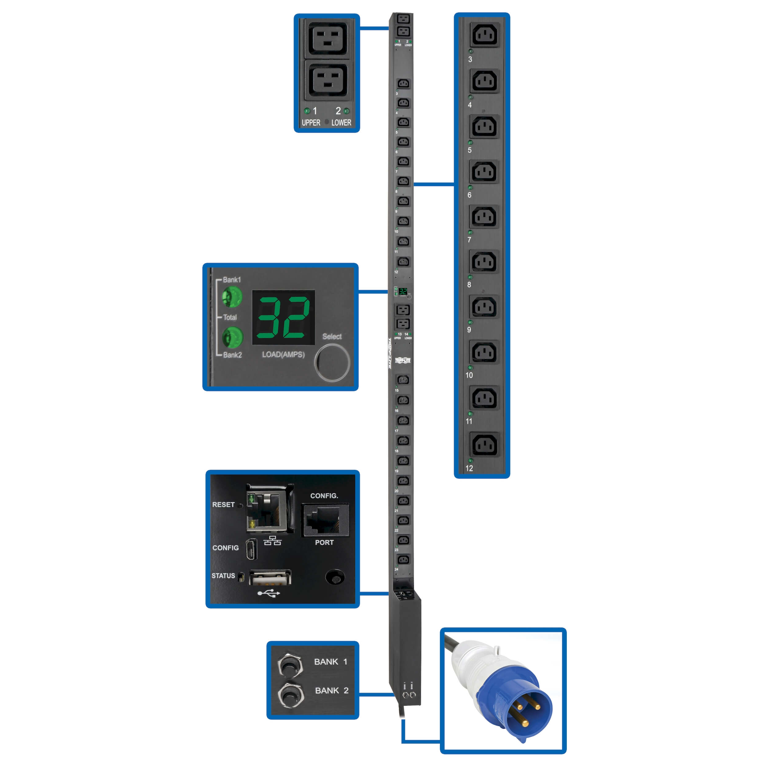 V32HVNETLX Однофазный управляемый PDU с интерфейсом LX Platform: мощность 7,7 кВт; выход 230 В, входной разъем IEC 309 синего цвета на 32 А; шнур длиной 3,05 м; вертикальный (0U), соотв. треб. ТАА
